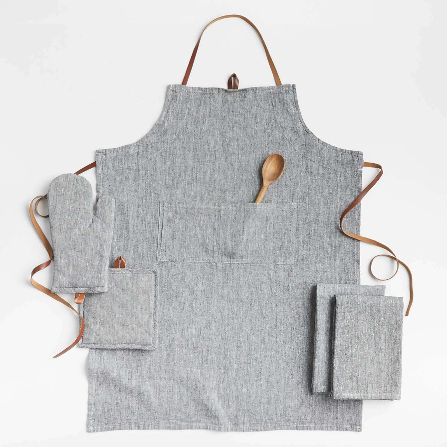 Kitchen Linens * | Online Chambray Grey Cooking Apron With Pocket