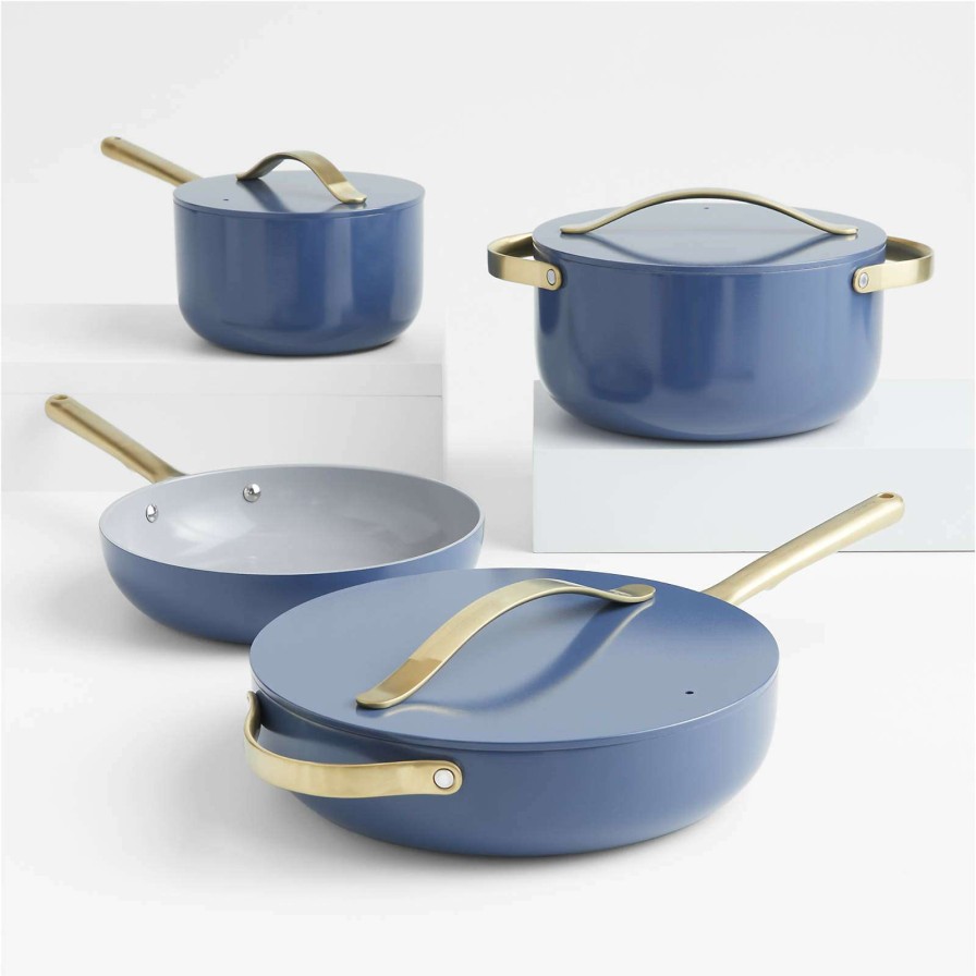 Cookware * | Online Sale Caraway Home 7-Piece Sapphire Blue Non-Stick Ceramic Cookware Set With Gold Hardware