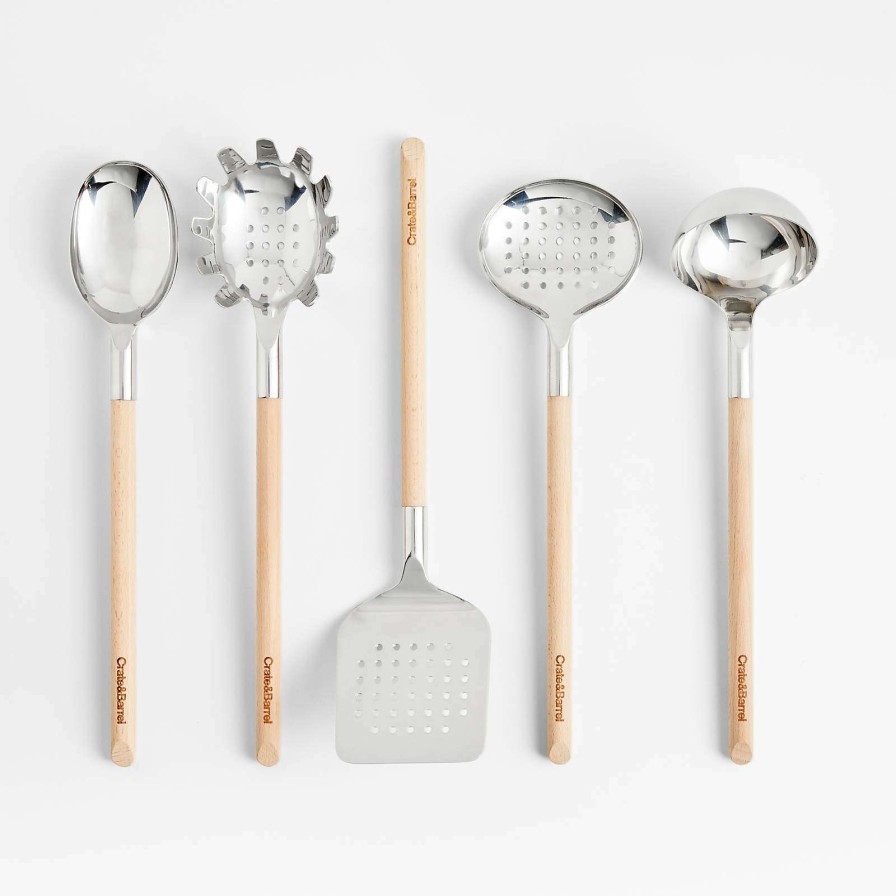 Kitchen Tools & Accessories * | Online Crate & Barrel Beechwood And Stainless Utensils With Holder, Set Of 6