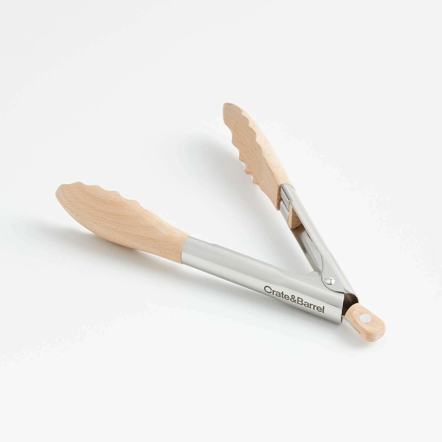 Kitchen Tools & Accessories * | Discount Online Crate & Barrel Beechwood And Stainless Steel Serving Tongs 9