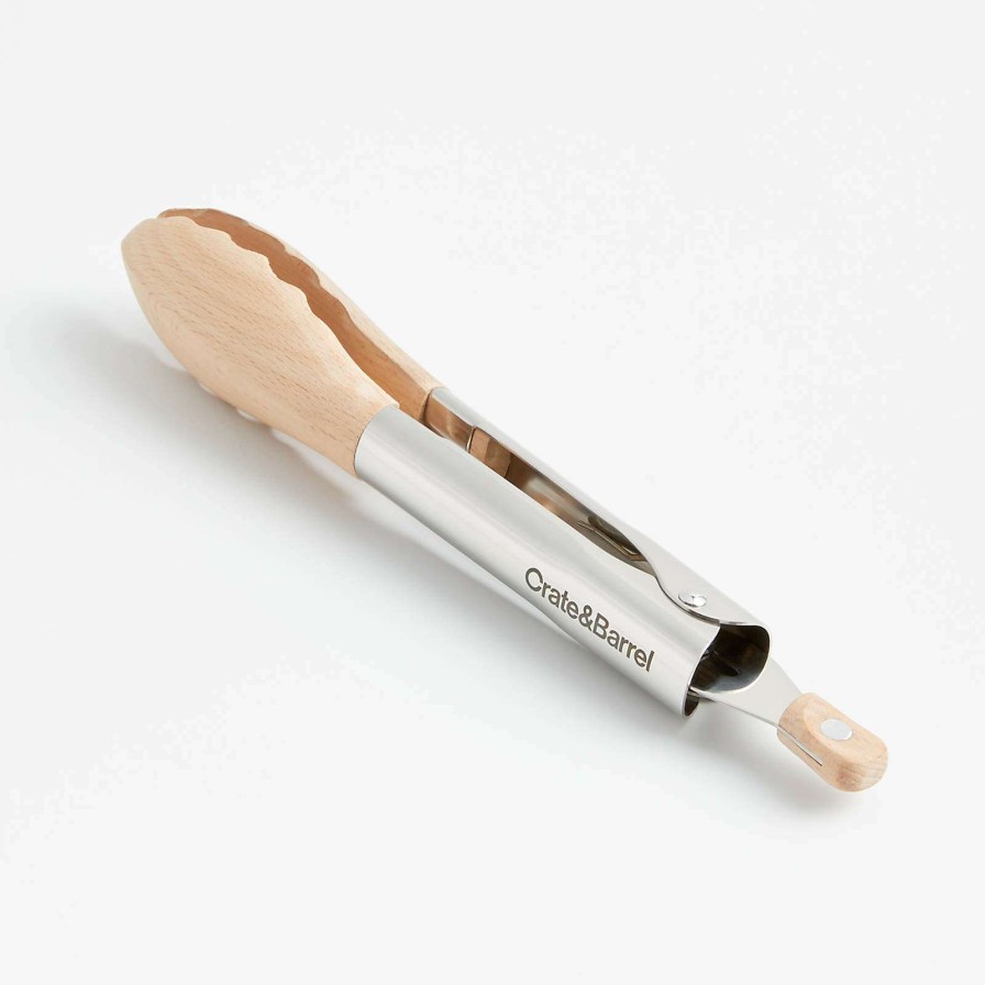 Kitchen Tools & Accessories * | Discount Online Crate & Barrel Beechwood And Stainless Steel Serving Tongs 9