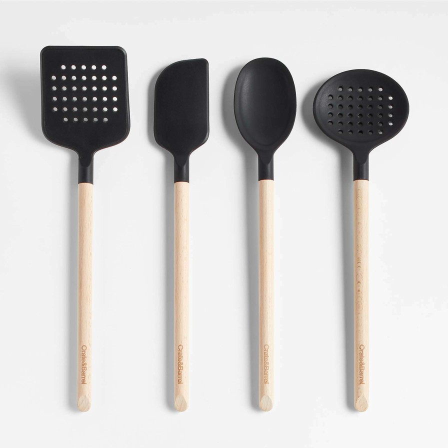 Kitchen Tools & Accessories * | Official Crate & Barrel Wood And Black Silicone Utensils, Set Of 4