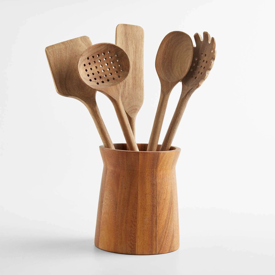 Kitchen Tools & Accessories * | Sells Cheap Crate & Barrel Acacia Utensils With Holder, Set Of 6