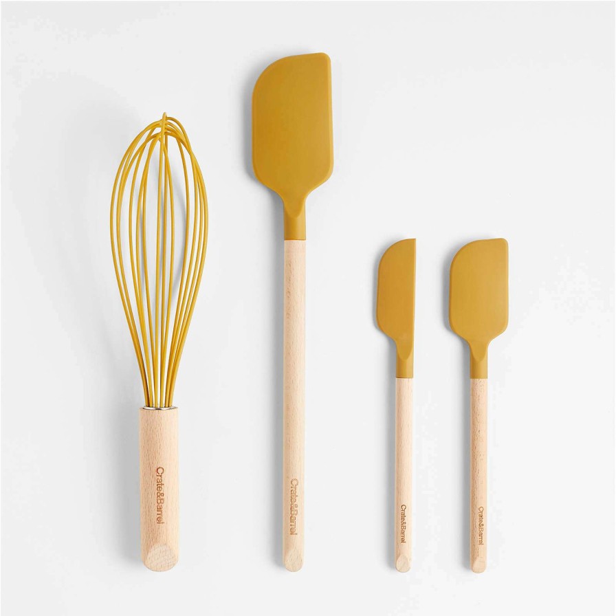 Kitchen Tools & Accessories * | Cheap Online Crate & Barrel Wood And Yellow 12 Silicone Whisk