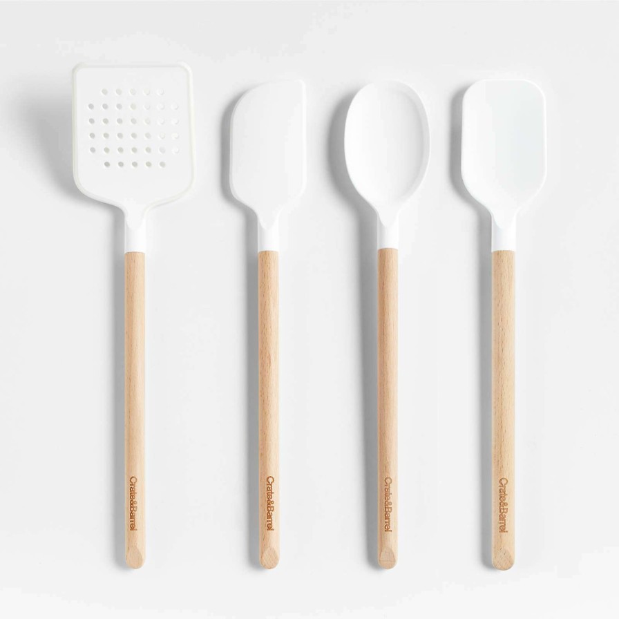 Kitchen Tools & Accessories * | With Discount Crate & Barrel Wood And White Silicone Utensils, Set Of 4