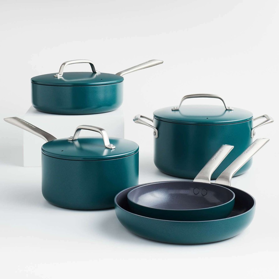 Cookware * | Online Crate & Barrel Evencook Ceramic Deep Teal Ceramic Nonstick 8-Piece Cookware Set With Bonus