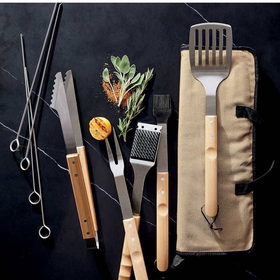 Kitchen Tools & Accessories * | New Wood-Handled 9-Piece Barbecue Tool Set