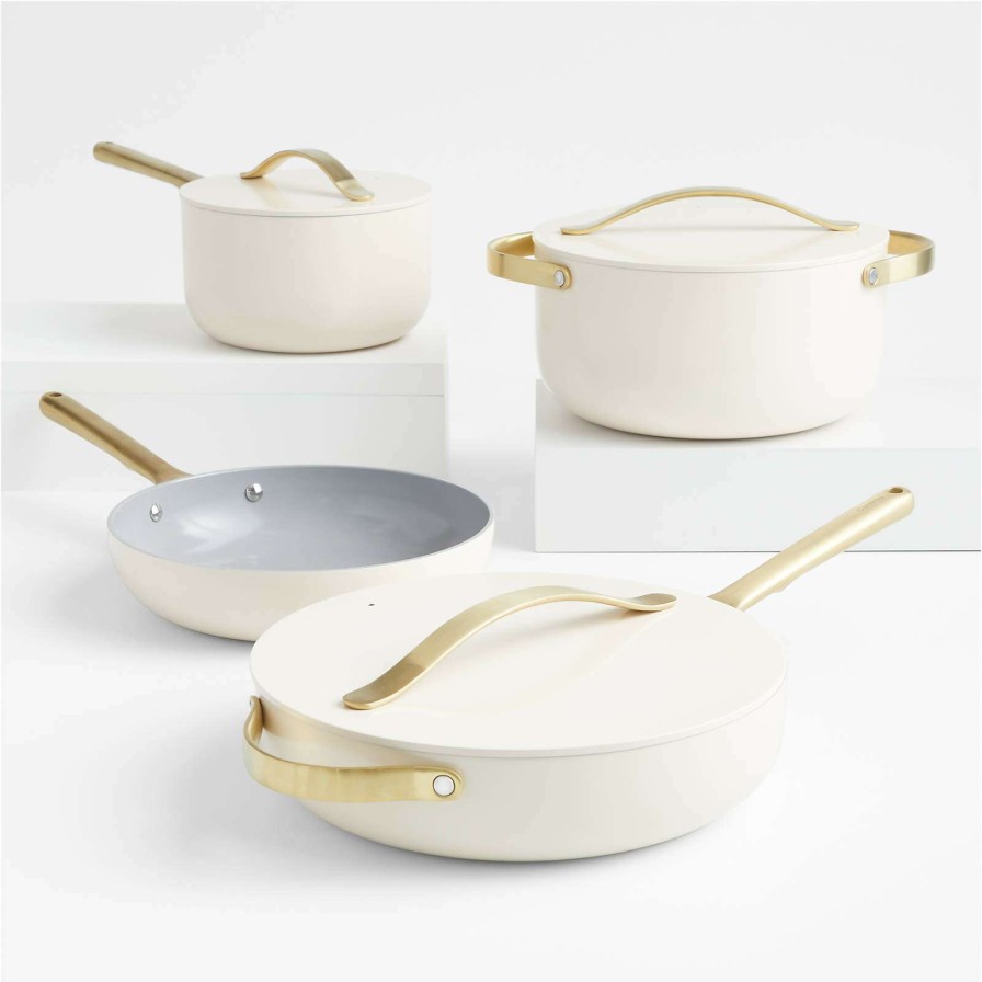 Cookware * | New Caraway Home 7-Piece Cream Ceramic Non-Stick Cookware Set With Gold Hardware