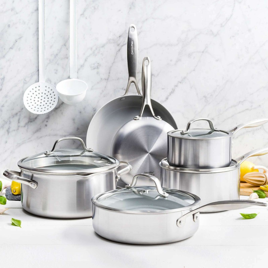 Cookware * | Latest Greenpan Venice Pro Stainless Steel 10-Piece Ceramic Non-Stick Cookware Set